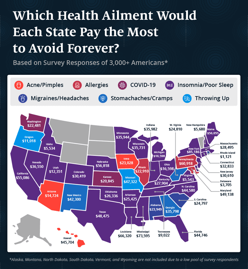 Graphic showing which common ailment each state would pay the most to avoid forever