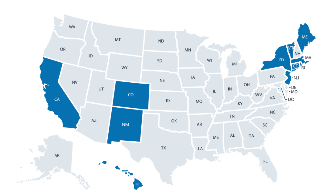 U.S. map with states that have banned health insurance highlighted in dark blue