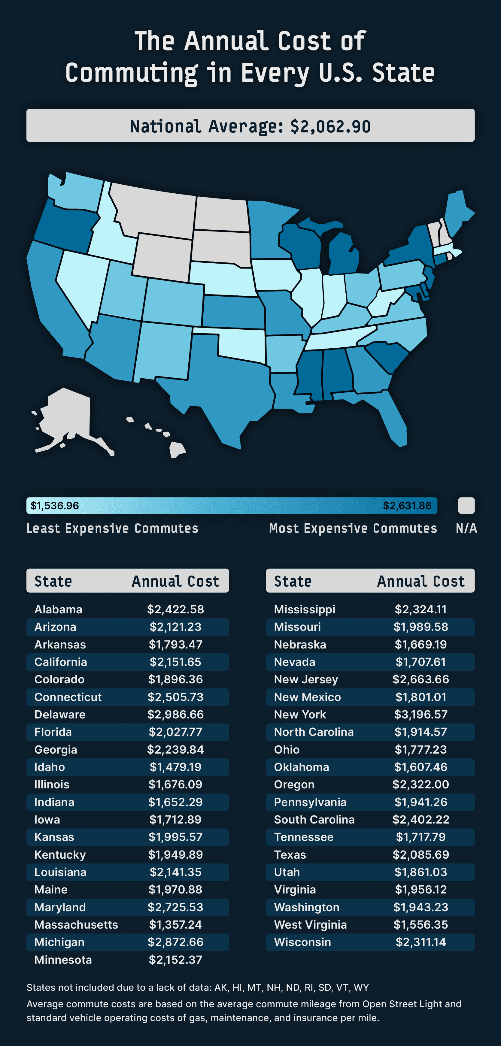 A heatmap showing the U.S. states where residents spend the most on their commute