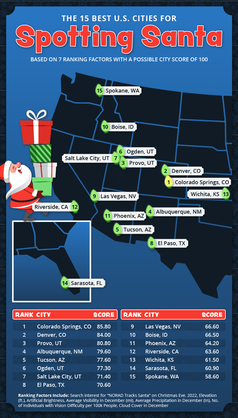 A U.S. map plotting the best cities to spot Santa Claus.
