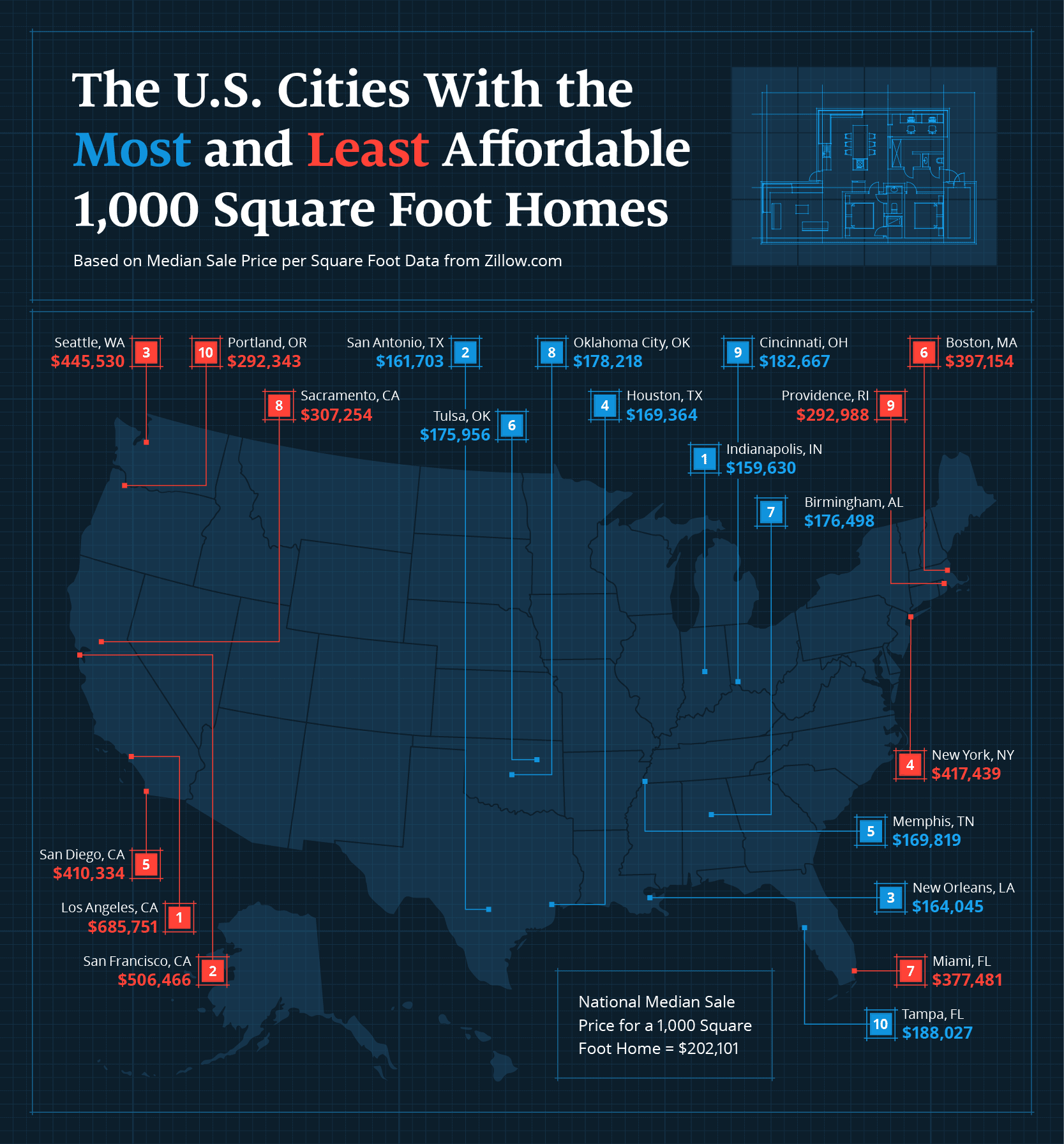 U.S. map highlighting the most and least expensive cities for 1,000 square feet 
